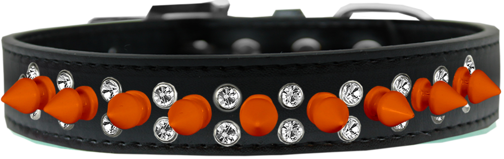 Double Crystal and Neon Orange Spikes Dog Collar Black Size 12